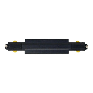 Black straight connector with yellow end caps and mounting screws for LED track lighting systems.
