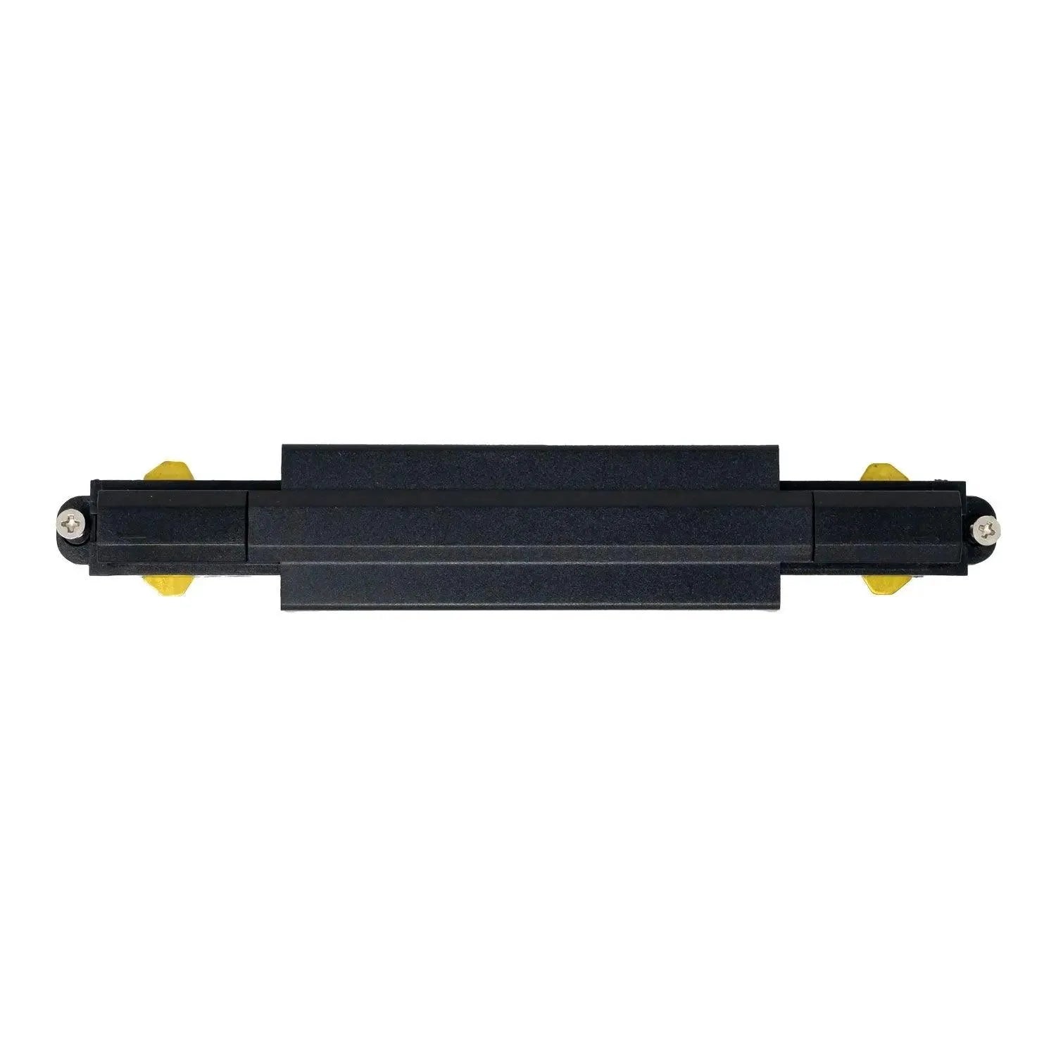 Black straight connector with yellow end caps and mounting screws for LED track lighting systems.