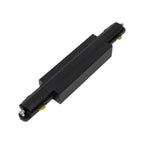 Black 4-wire track lighting straight connector with brass contact points on each end, shown against white background.