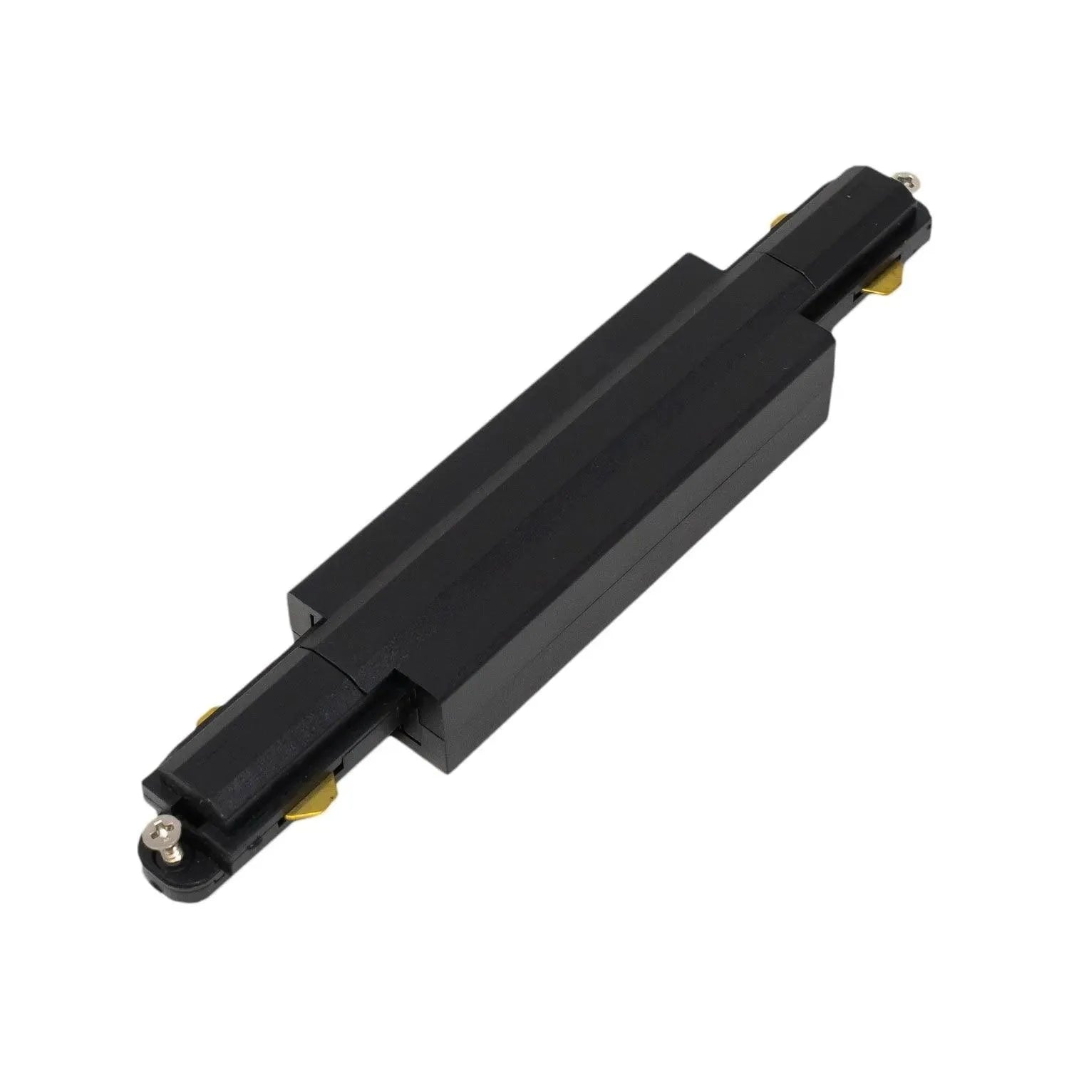 Black 4-wire track lighting straight connector with brass contact points on each end, shown against white background.