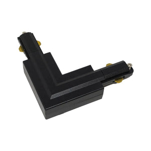 Black L-shaped track connector with brass contact points, shown against white background.