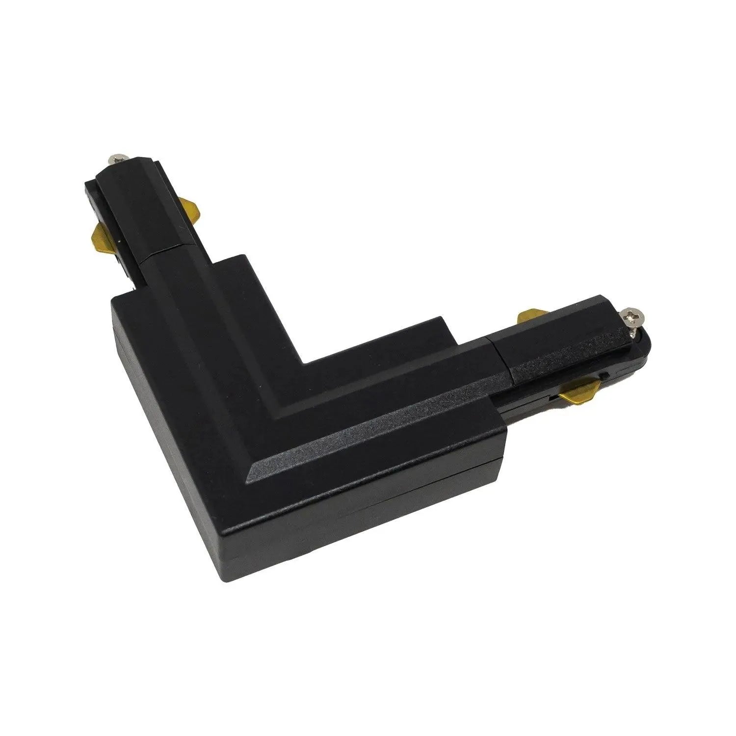 Black L-shaped track connector with brass contact points, shown against white background.