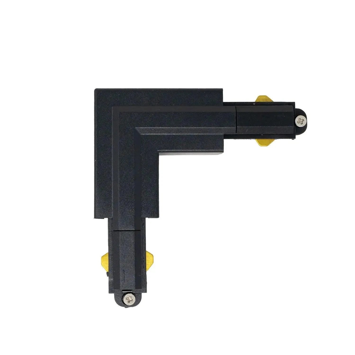 Black L-shaped track connector with brass contact points, shown as product isolated on white background.