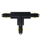 Black T-shaped track lighting connector with yellow end caps and screw terminals, shown against white background.