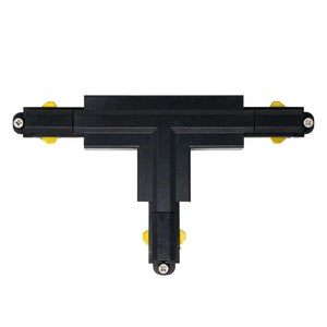 Black T-shaped track lighting connector with yellow end caps and screw terminals, shown against white background.