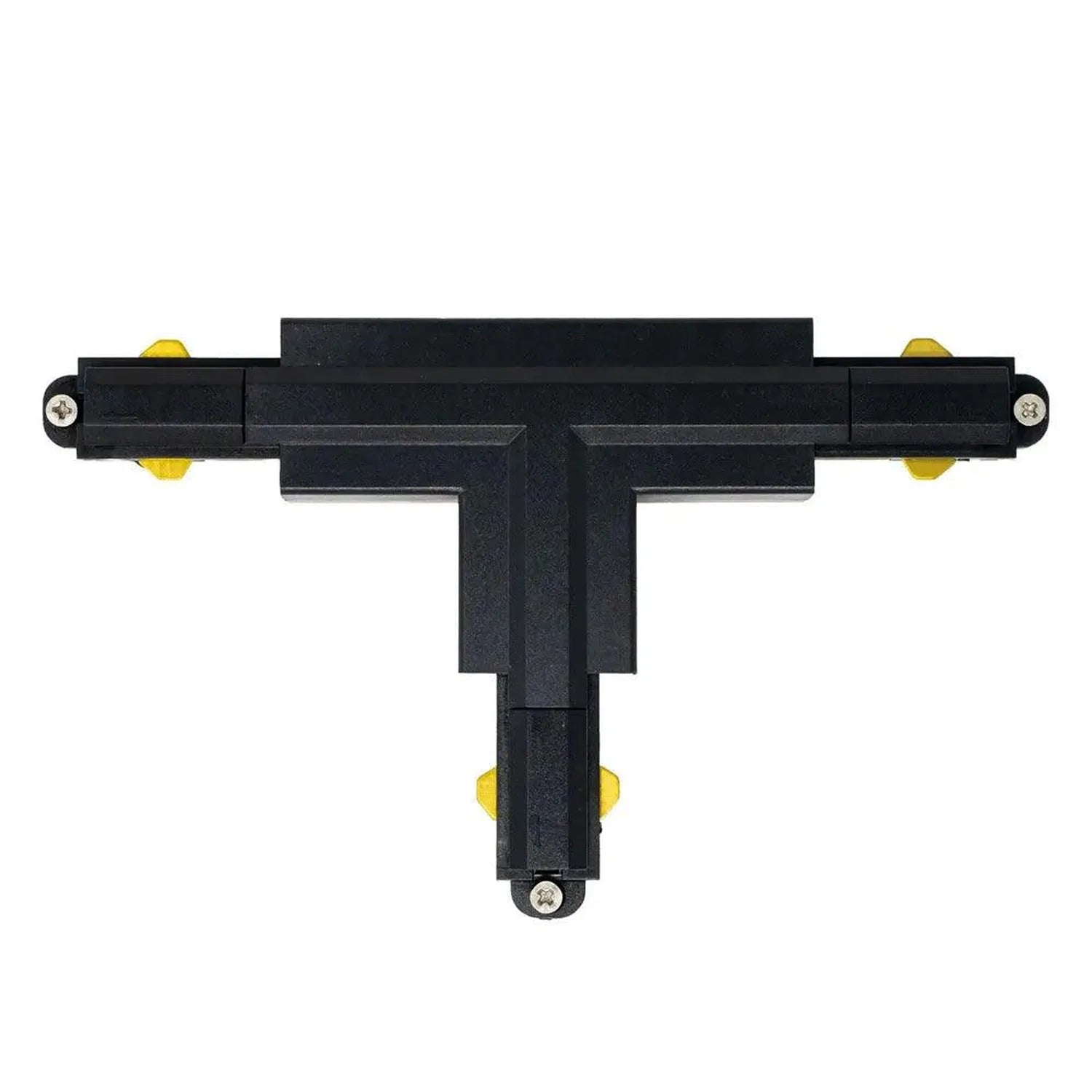 Black T-shaped track lighting connector with yellow end caps and screw terminals, shown against white background.