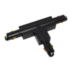 Black 4-wire track lighting T-connector with brass contact points, shown isolated against white background.