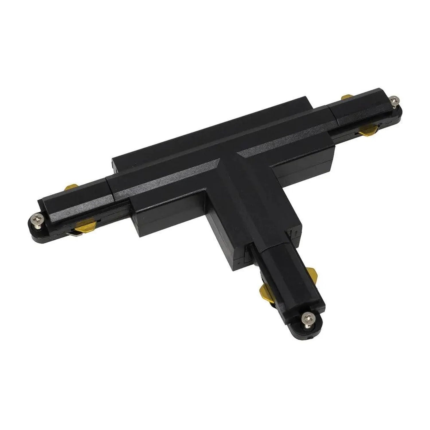 Black 4-wire track lighting T-connector with brass contact points, shown isolated against white background.