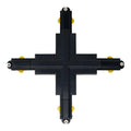 Black cross-shaped track connector with yellow end caps and mounting screws, shown on white background.