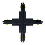 Black cross-shaped track connector with yellow end caps and mounting screws, shown on white background.