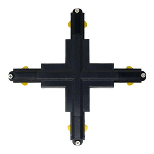 Black cross-shaped track connector with yellow end caps and mounting screws, shown on white background.