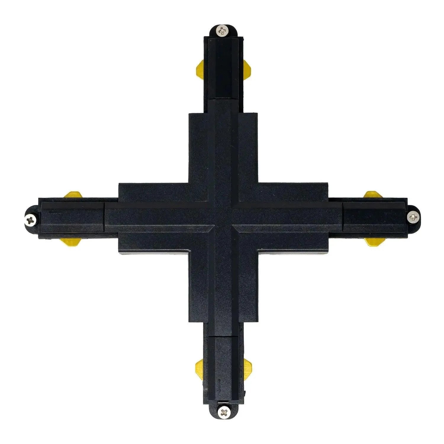Black cross-shaped track connector with yellow end caps and mounting screws, shown on white background.