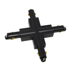 Black LED track lighting cross connector with four brass-colored contact points, shown against white background.