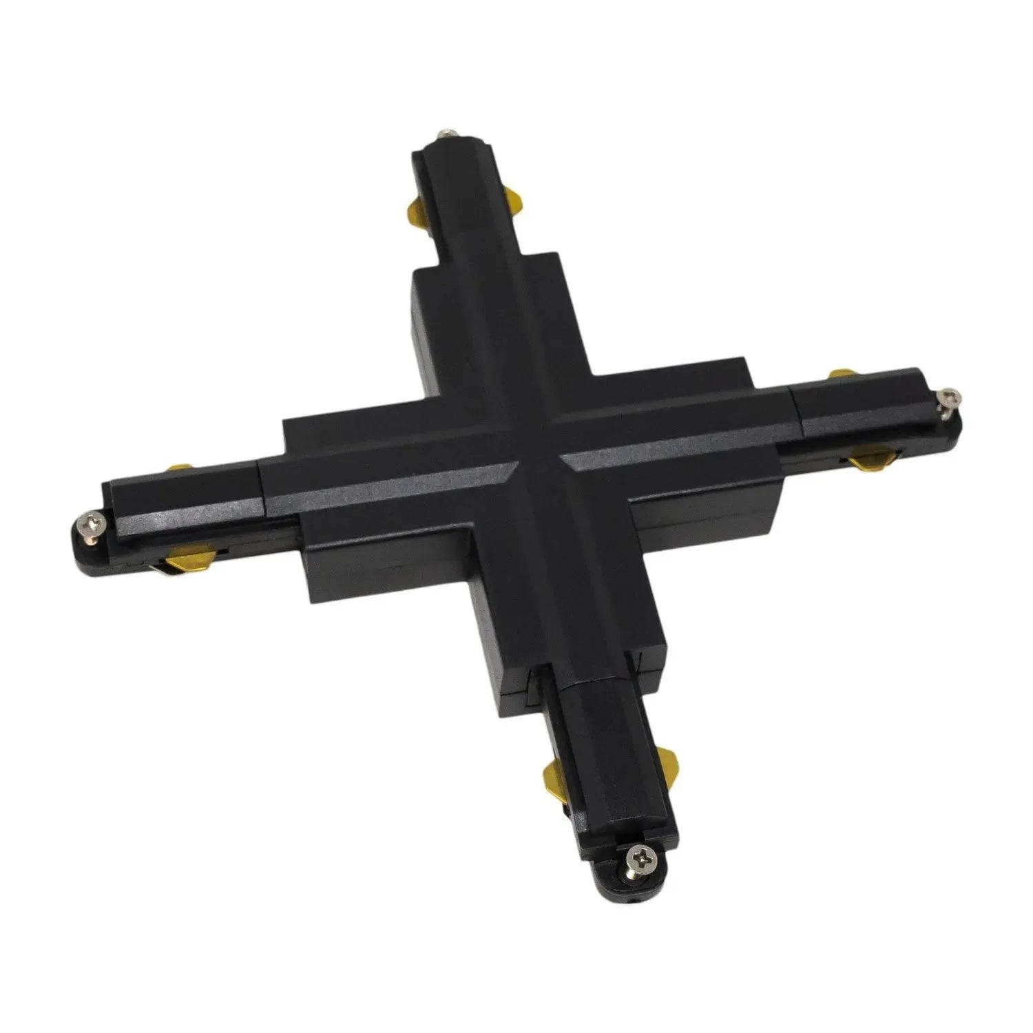 Black LED track lighting cross connector with four brass-colored contact points, shown against white background.