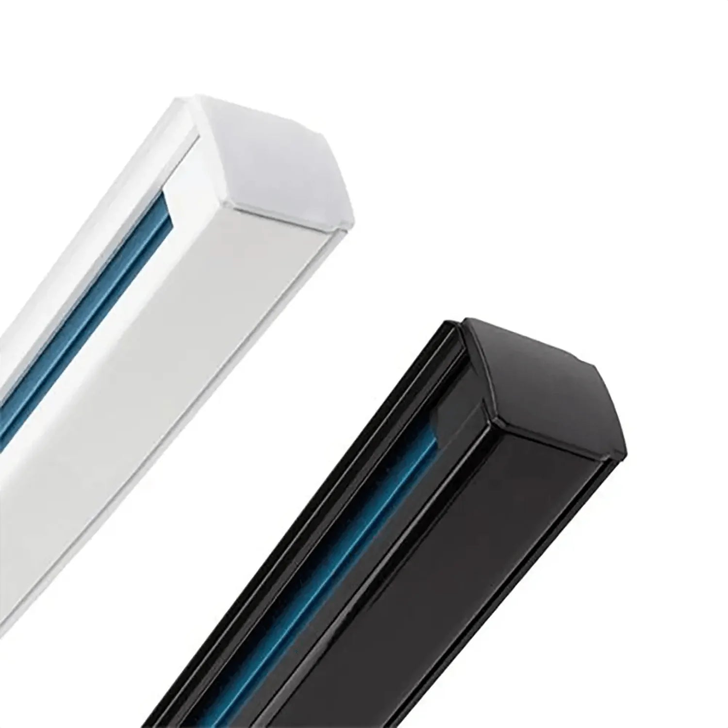 Two LED track rails displayed side by side: white rail on left, black rail on right, both showing blue lighting elements insi