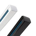 Two single circuit LED track rails in white and black, showing blue internal lighting tubes and angled end caps.