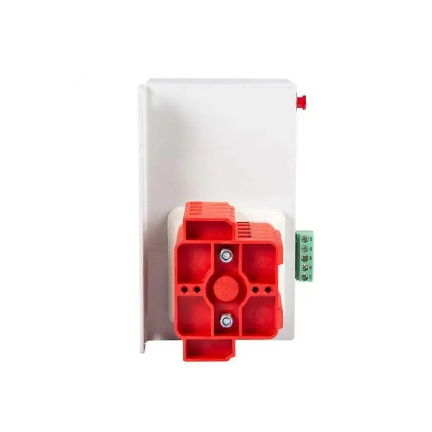 White enclosure with red motorized changeover switch mechanism and green terminal block, front view.