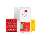 Gawé Y-Series 63A motorised automatic transfer switch with red terminal block, white control unit, and yellow mechanical hand