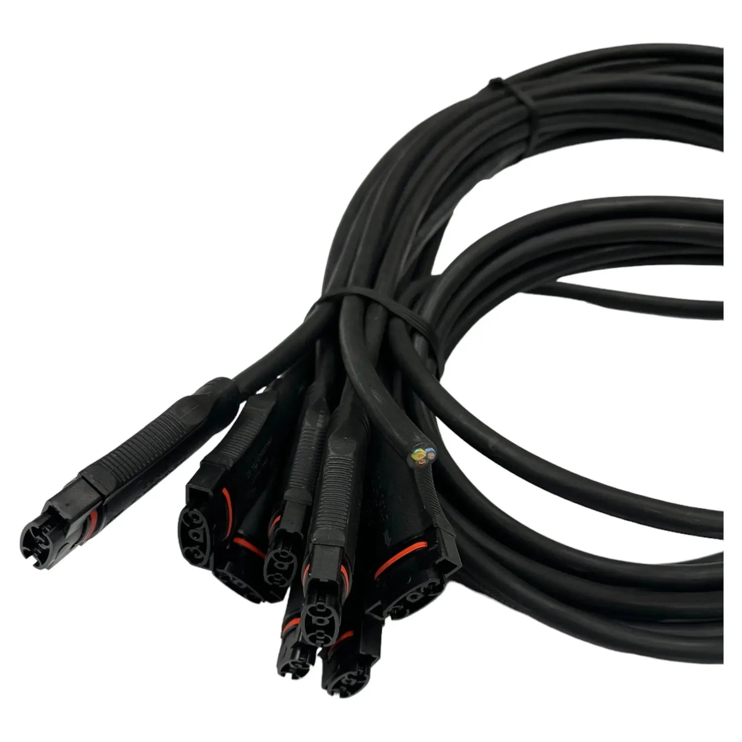 Black modular power cable bundle with eight connectors featuring red accent bands, coiled and fanned out against white backgr