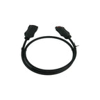 Black coiled electrical cable with two connectors at each end against white background.