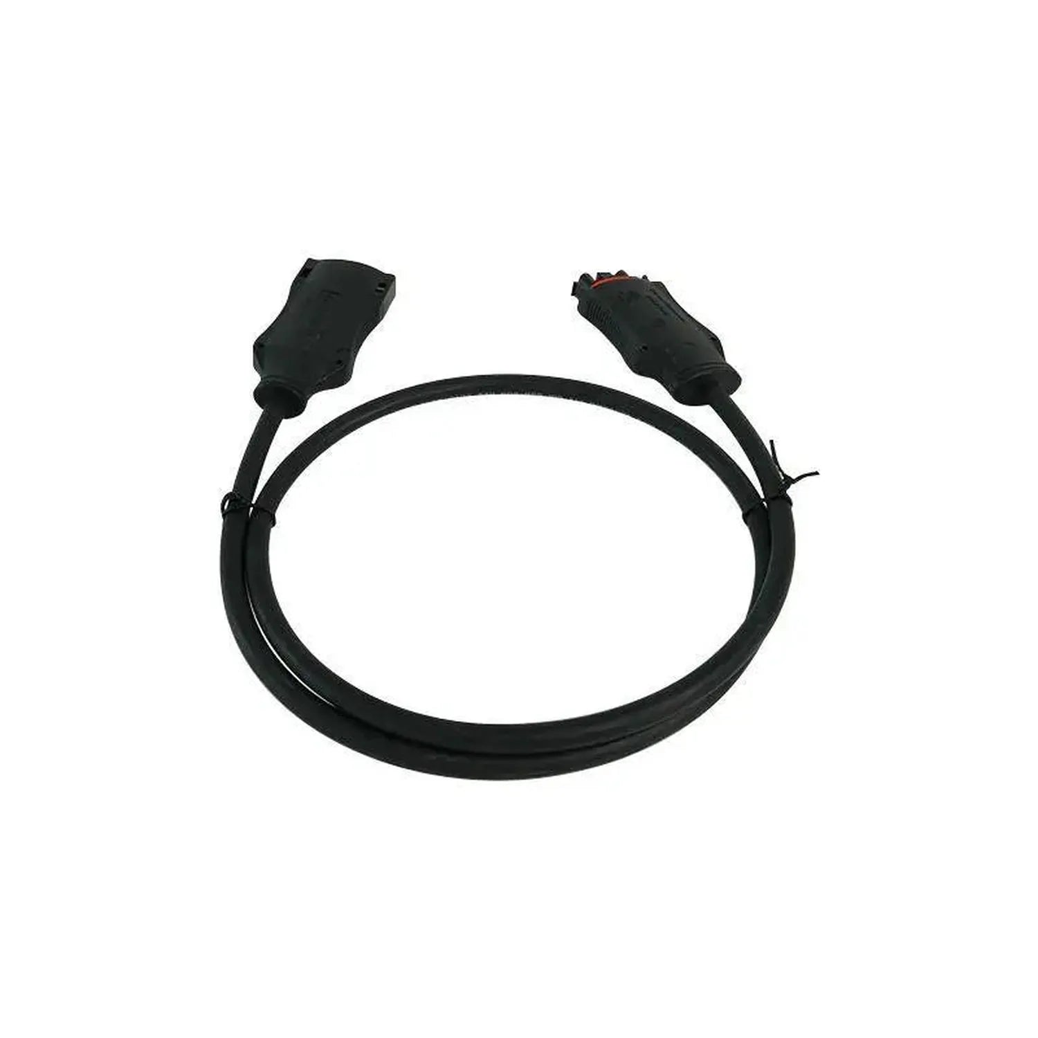 Black coiled electrical cable with two connectors at each end against white background.
