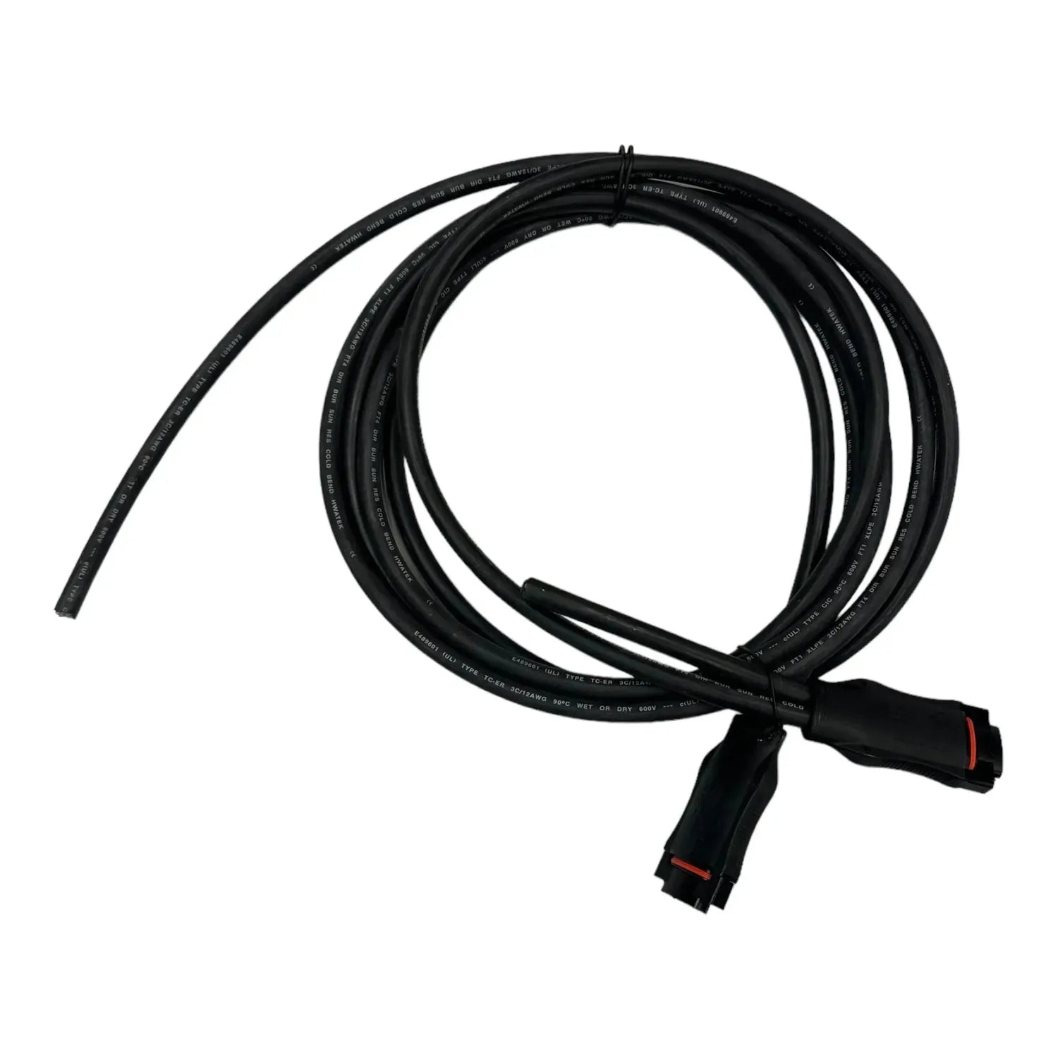 Black coiled AC bus branch cable with connectors at both ends, displayed against white background.