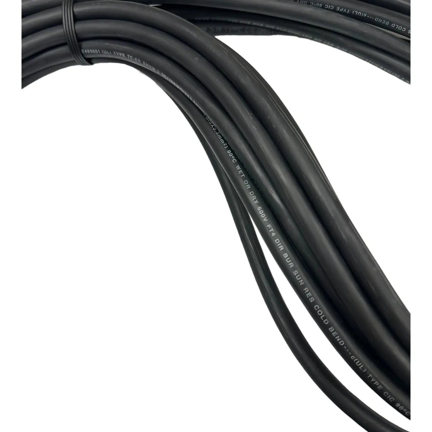 Black coiled AC bus branch cable with printed specifications visible on the sheathing, shown against white background.