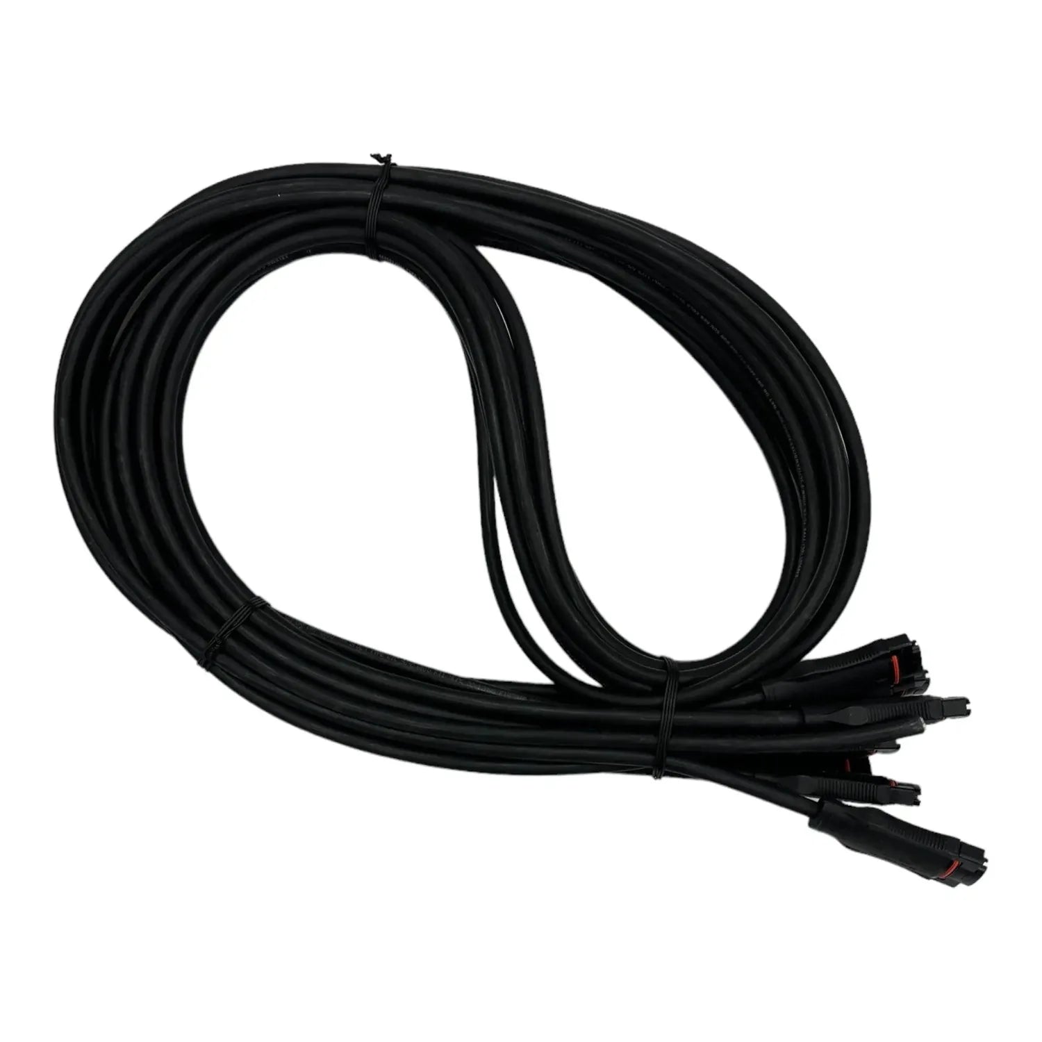 Black coiled cable with multiple connector ends, displayed against white background.
