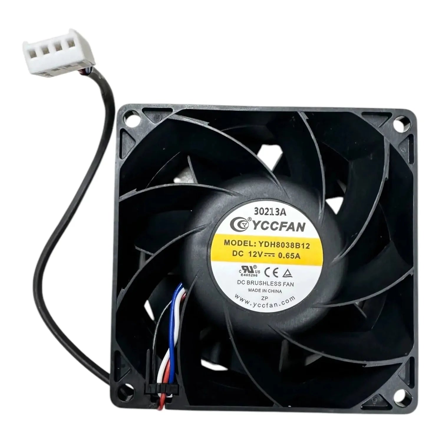 YCCFAN DC brushless cooling fan assembly, model YDH8038B12, 12V 0.65A, with black plastic housing and white connector cable.