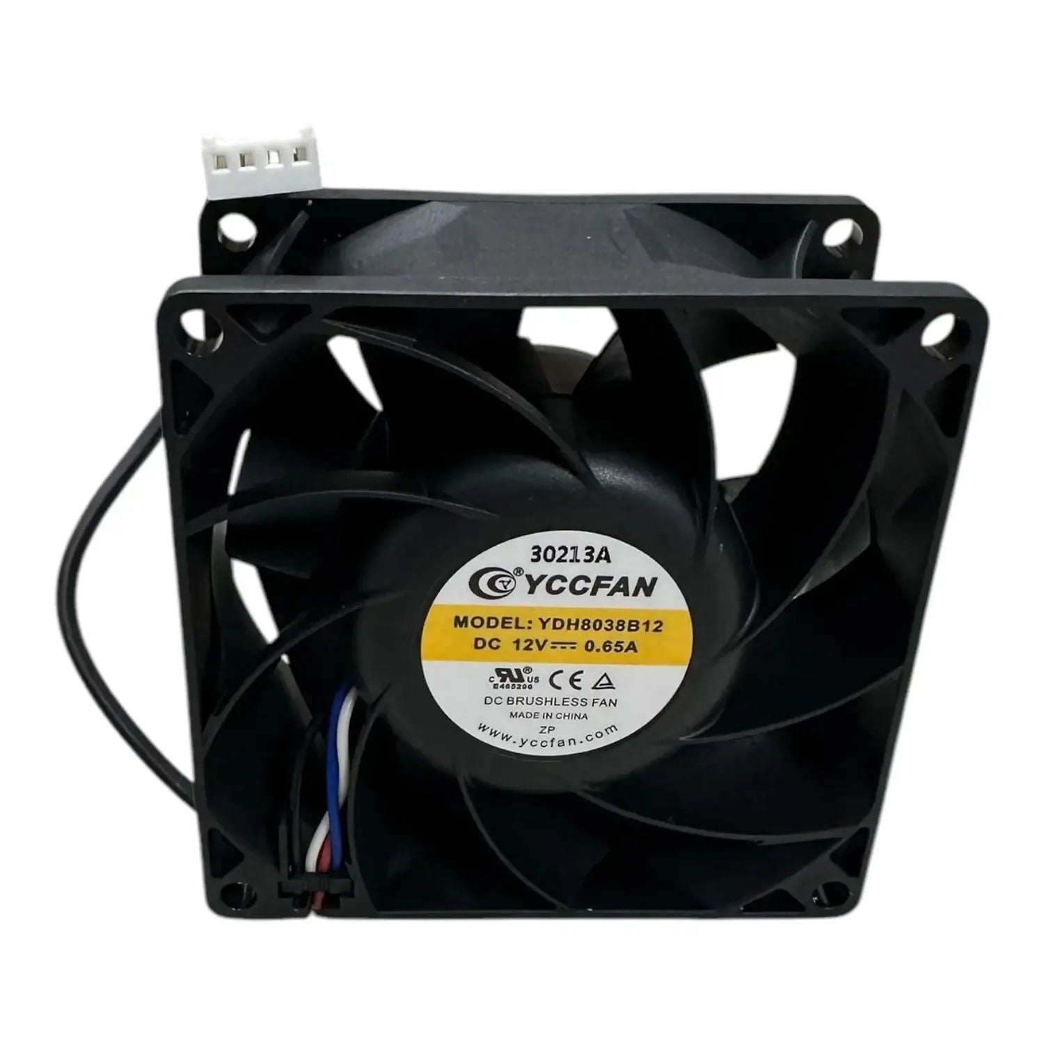 YCCFAN DC brushless cooling fan assembly, model YDH8038B12, 12V 0.65A, shown front view with black plastic housing and white 