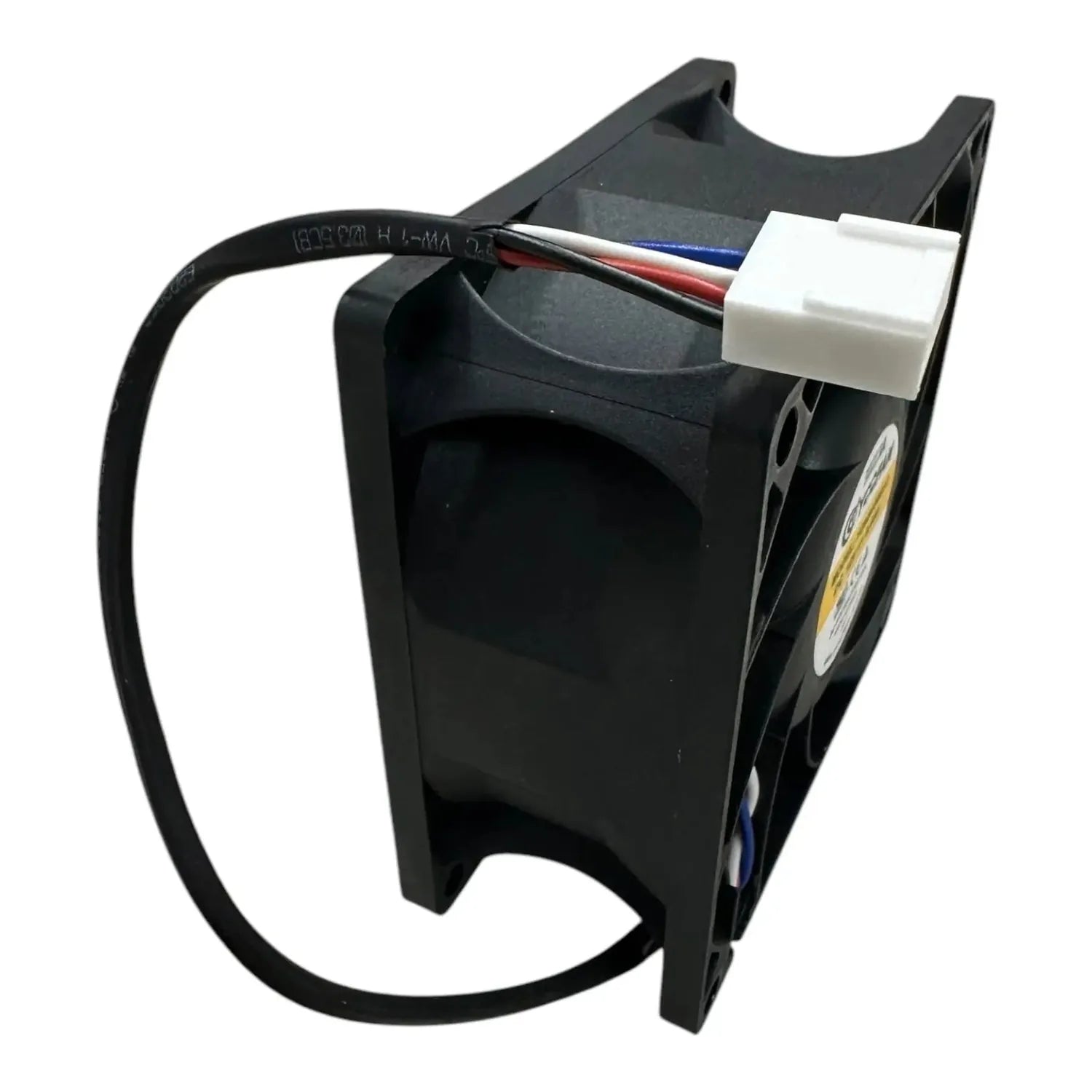 Black cooling fan assembly with white connector and black cable, shown at angle against white background.