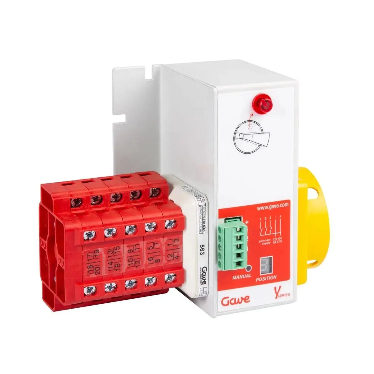 GAVE Y-Series 250A motorised automatic transfer switch with red terminal block, white control unit, red manual position indic